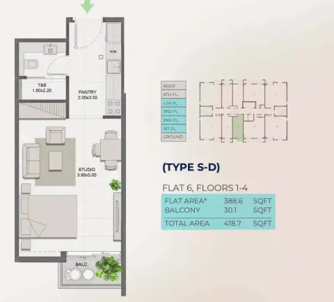 Reeman Residence 01: फ़्लोर प्लान Type D, 418 sq ft