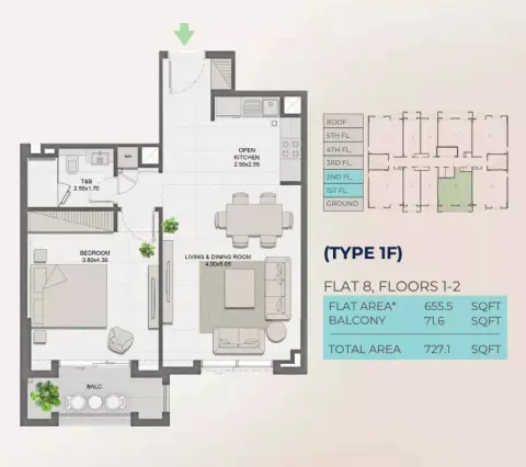 Reeman Residence 01: फ़्लोर प्लान Type1F, 727 sq ft