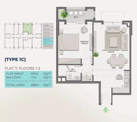 Reeman Residence 01: फ़्लोर प्लान Type1C, 688 sq ft