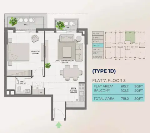 Reeman Residence 01: फ़्लोर प्लान Type1D, 718 sq ft