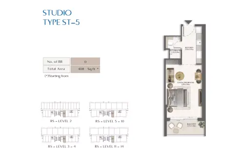 Rotana Residences South Tower: Type 5, 408 sq ft 户型图
