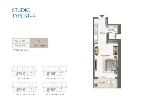 Rotana Residences South Tower: Type 4, 423 sq ft 户型图