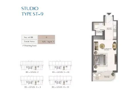 Rotana Residences South Tower: Type 9, 425 sq ft 户型图