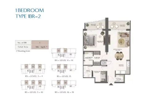 Rotana Residences South Tower: Type 2, 916 sq ft 户型图