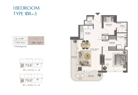 Rotana Residences South Tower: Type 3, 908 sq ft 户型图