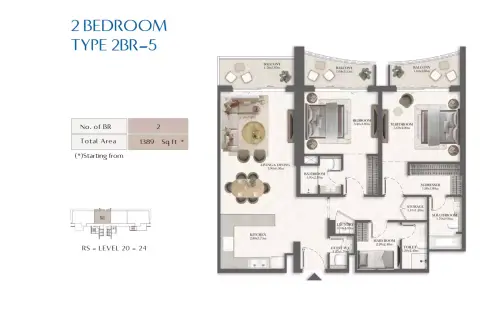 Rotana Residences South Tower: Type 5, 1,389 sq ft 户型图