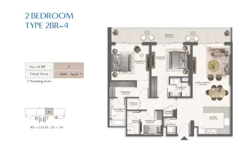 Rotana Residences South Tower: Type 4, 1,409 sq ft 户型图