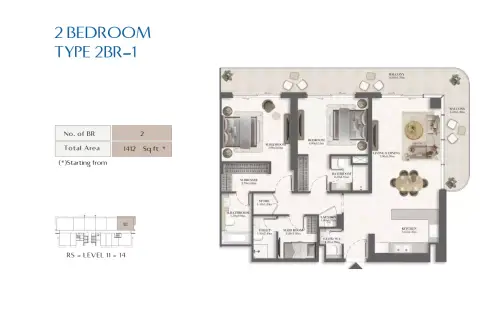 Rotana Residences South Tower: Type 1, 1,412 sq ft 户型图