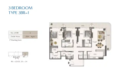 Rotana Residences South Tower: Type 1, 2,154 sq ft 户型图