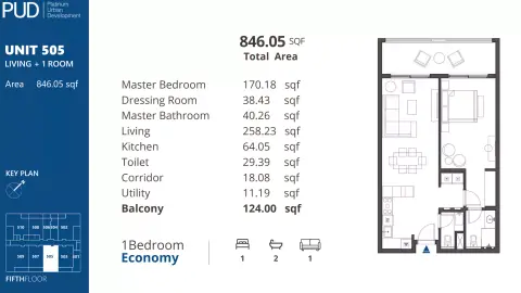 بي يو دي ريزيدنسز 1: مخطط الطابق Type 1, 846 sq ft