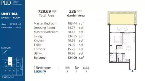 بي يو دي ريزيدنسز 1: مخطط الطابق Type 2, 729 sq ft