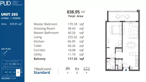 بي يو دي ريزيدنسز 1: مخطط الطابق Type 3, 838 sq ft