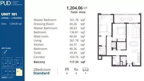 بي يو دي ريزيدنسز 1: مخطط الطابق Type 3, 1,204 sq ft