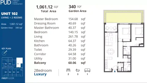 بي يو دي ريزيدنسز 1: مخطط الطابق Type 1, 1,061 sq ft