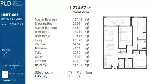 بي يو دي ريزيدنسز 1: مخطط الطابق Type 2, 1,274 sq ft