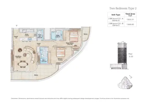 Flow 25: फ़्लोर प्लान Type 2, 1,303 sq ft