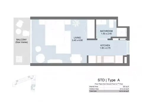The Gate Masdar City: Floor plan Type A, 498 sq ft