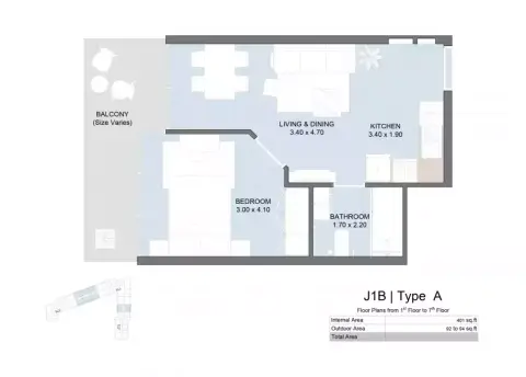 The Gate Masdar City: Floor plan Type J1B, 493 sq ft