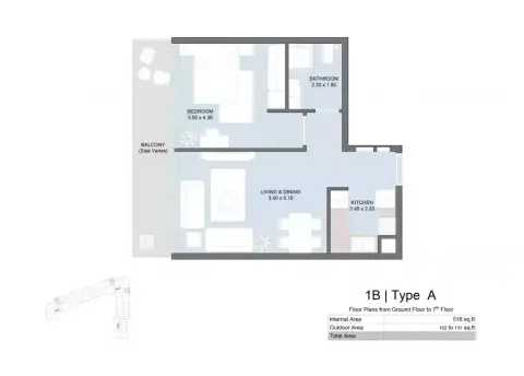 The Gate Masdar City: Floor plan Type A, 617 sq ft