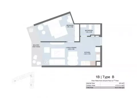The Gate Masdar City: Floor plan Type B, 699 sq ft