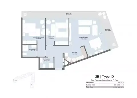 The Gate Masdar City: Floor plan Type D, 1,228 sq ft