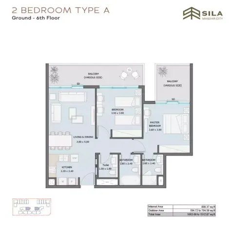 Sila: Floor plan Type A, 1,003 sq ft