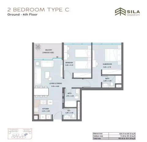 Sila: Floor plan Type C, 882 sq ft