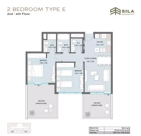 Sila: Floor plan Type E, 1,050 sq ft