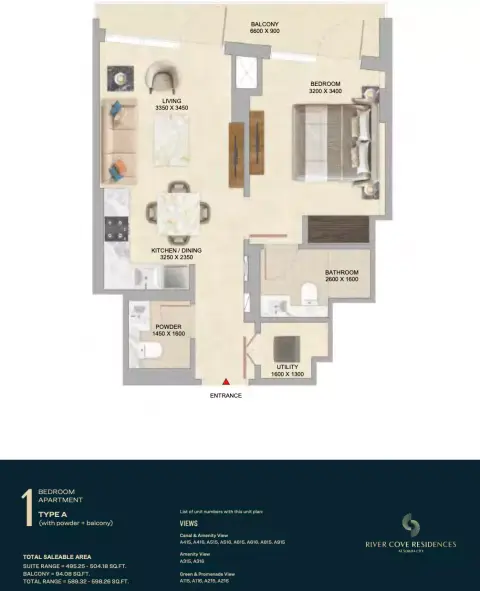 River Cove Residences at sobha city: Floor plan Type A-Tower A, 589 sq ft