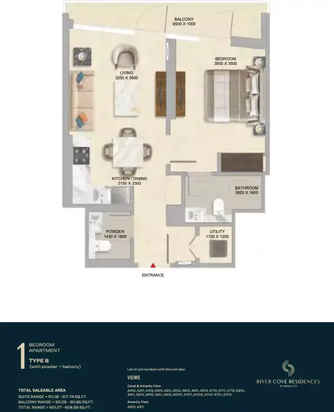 River Cove Residences at sobha city: Floor plan Type B-Tower A, 601 sq ft