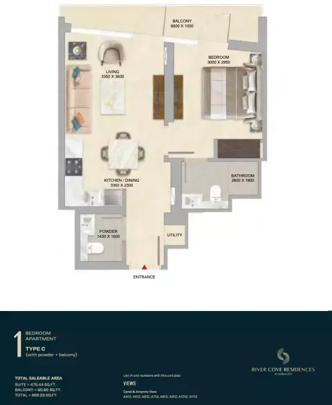 River Cove Residences at sobha city: Floor plan Type C-Tower A, 566 sq ft
