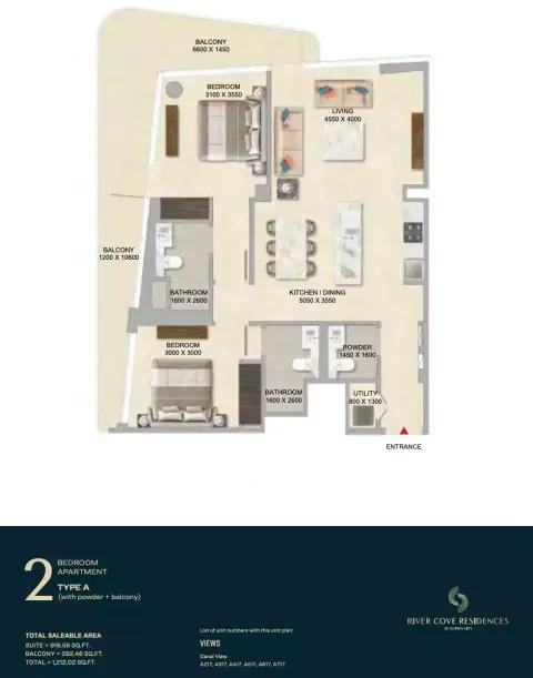River Cove Residences at sobha city: Floor plan Type A-Tower A, 1,212 sq ft