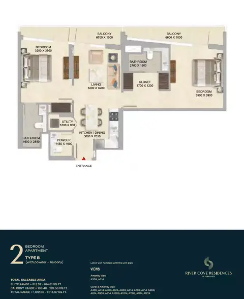 River Cove Residences at sobha city: Floor plan Type B-Tower A, 1,012 sq ft