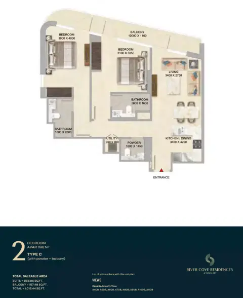 River Cove Residences at sobha city: Floor plan Type C-Tower A, 1,018 sq ft