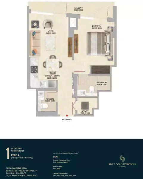 River Cove Residences at sobha city: Floor plan Type A-Tower B, 599 sq ft