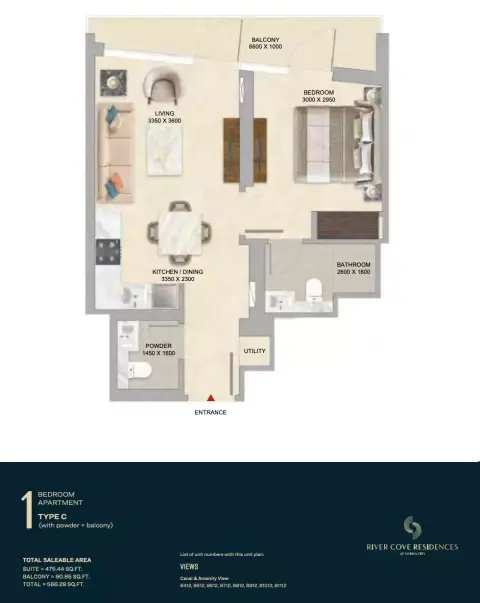 River Cove Residences at sobha city: Floor plan Type C-Tower B, 566 sq ft