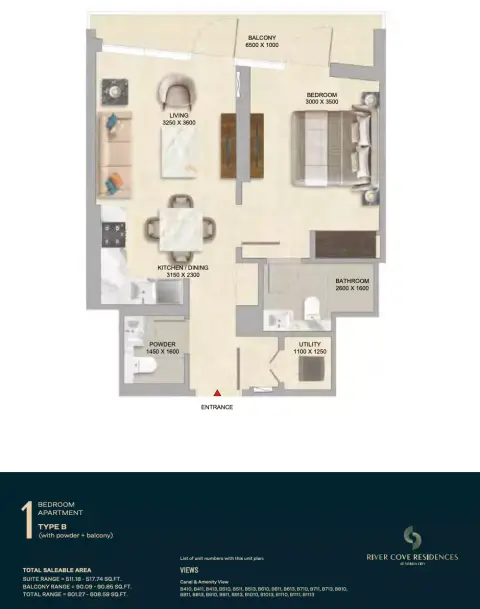 River Cove Residences at sobha city: Floor plan Type B-Tower B, 601 sq ft
