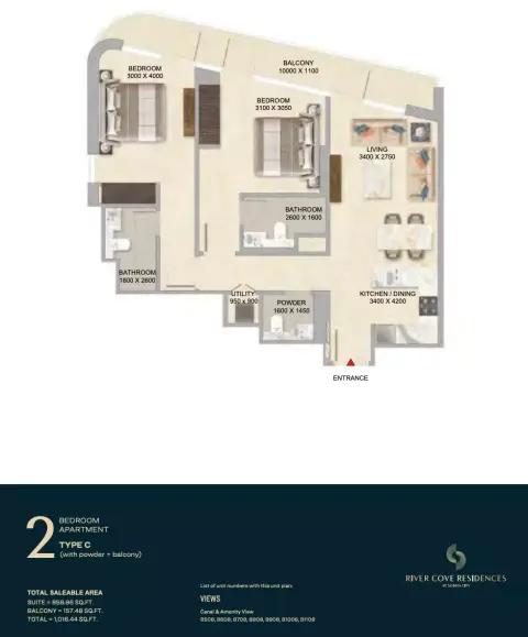 River Cove Residences at sobha city: Floor plan Type C-Tower B, 1,016 sq ft