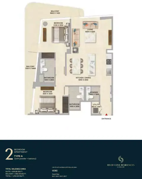 River Cove Residences at sobha city: Floor plan Type A-Tower B, 1,212 sq ft