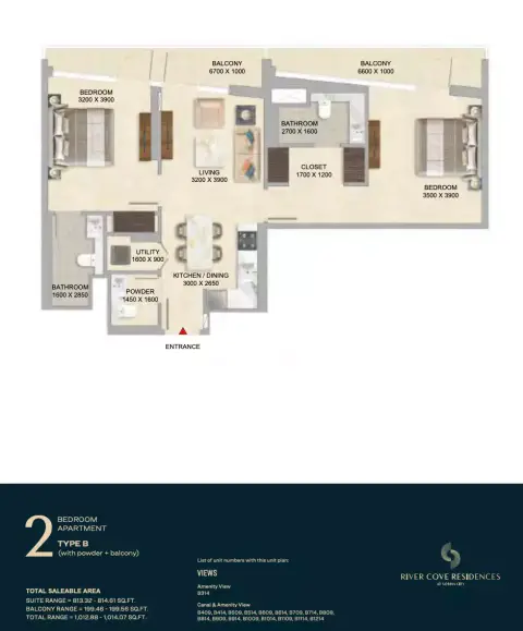 River Cove Residences at sobha city: Floor plan Type B-Tower B, 1,012 sq ft