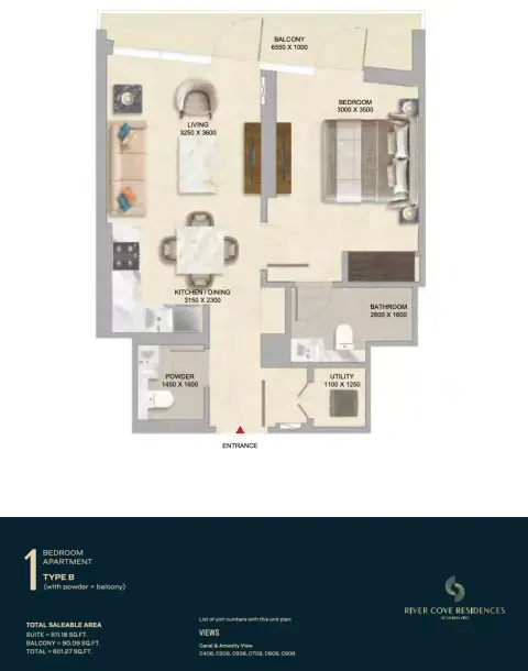 River Cove Residences at sobha city: Floor plan Type B-Tower C, 601 sq ft
