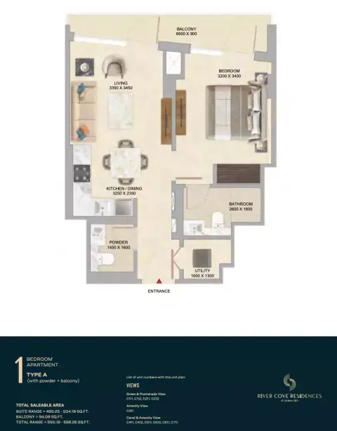 River Cove Residences at sobha city: Floor plan Type A-Tower C, 590 sq ft