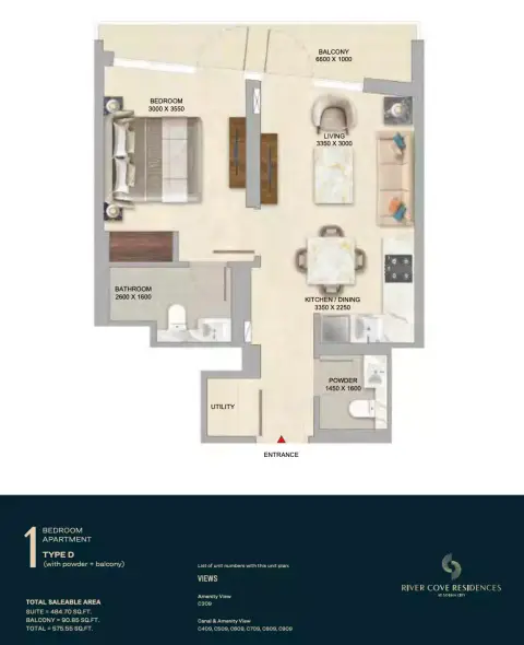 River Cove Residences at sobha city: Floor plan Type D-Tower C, 575 sq ft