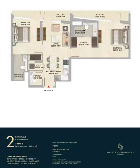 River Cove Residences at sobha city: Floor plan Type B-Tower C, 1,012 sq ft
