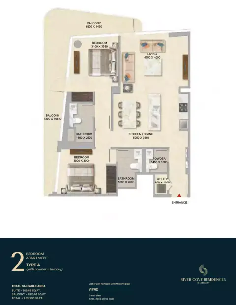 River Cove Residences at sobha city: Floor plan Type A-Tower C, 1,212 sq ft