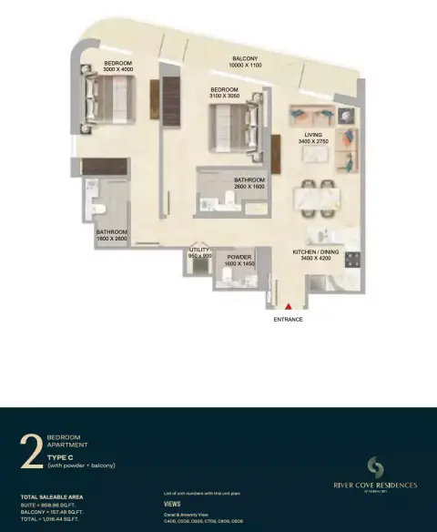 River Cove Residences at sobha city: Floor plan Type C-Tower C, 1,016 sq ft
