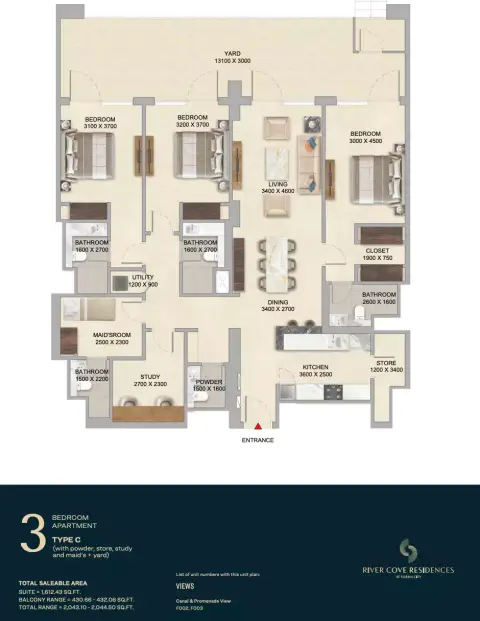 River Cove Residences at sobha city: Floor plan Type C-villament F, 2,043 sq ft