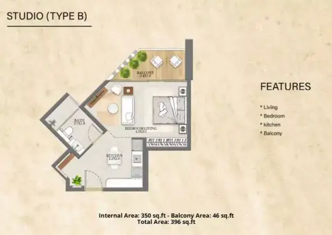 Nourwatan Residential: फ़्लोर प्लान Type B, 396 sq ft