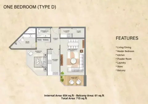 Nourwatan Residential: फ़्लोर प्लान Type D, 715 sq ft