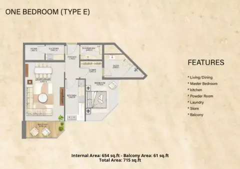 Nourwatan Residential: फ़्लोर प्लान Type E, 715 sq ft